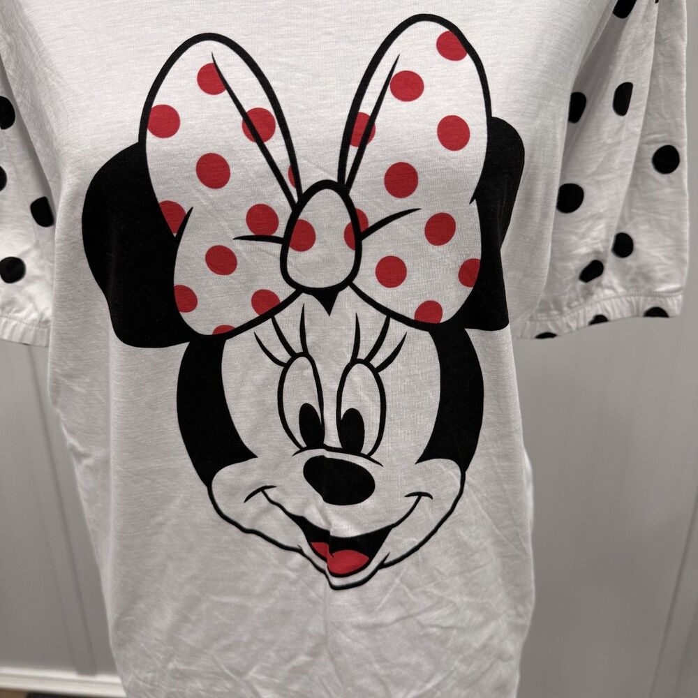 Disney Women's 1X White Minnie Mouse Polka Dot Sleeve Crewneck T-Shirt - Picture 2 of 7
